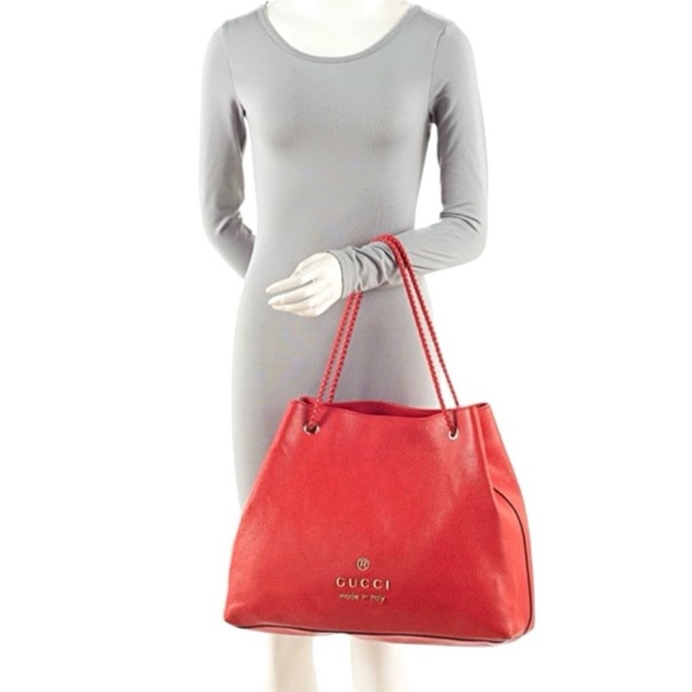 Authentic Gucci Gifford Tote Bag coral red leather large size braided handles - Picture 2 of 16